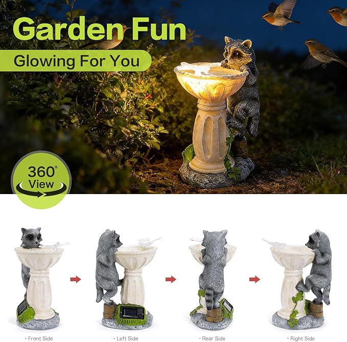 HUYIENO Solar Garden Statue Outdoor Decor Ornament Waterproof Solar Powered LED Lights for Yard, Patio, Lawn Gift for Mom, Women, Housewarming Raccoon