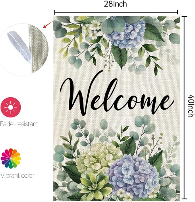 CROWNED BEAUTY Spring House Flag Hydrangea Eucalyptus Double Sided 28x40 Inches Large Burlap Welcome Holiday Seasonal Yard Decoration for Outside Porch