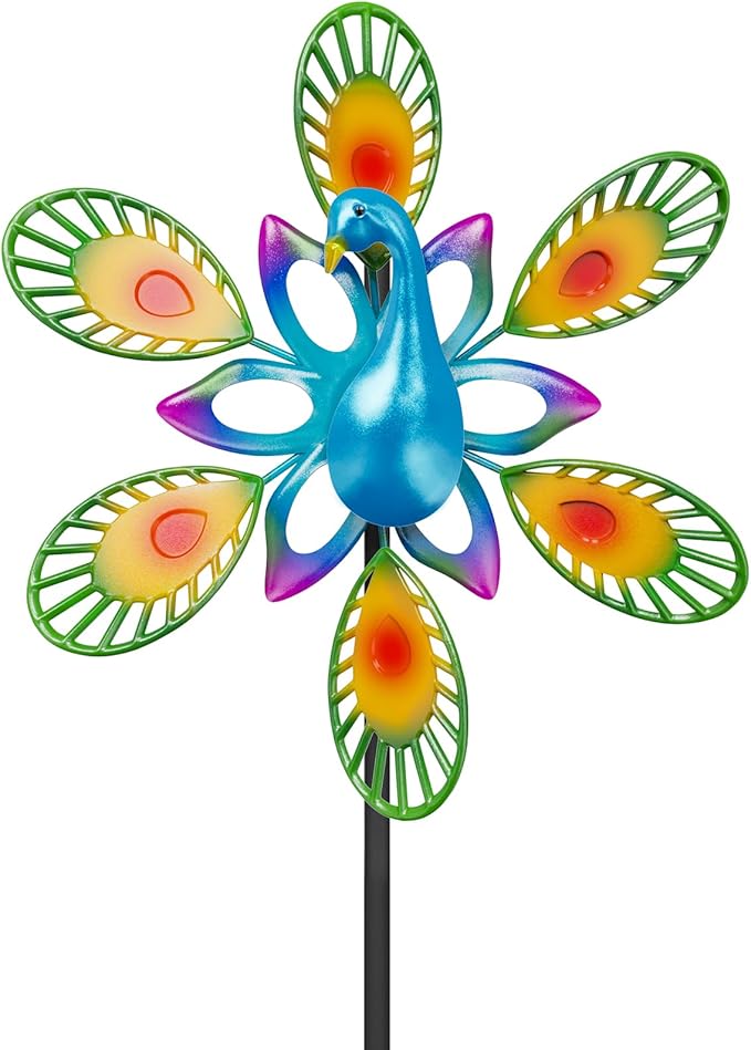 Metal Wind Spinners Outdoor, 360° Wind Sculpture Spinner with Metal Stake, Waterproof Spinners Green Kinetic Wind Spinner for Yard Lawn Decor (Peacock A)