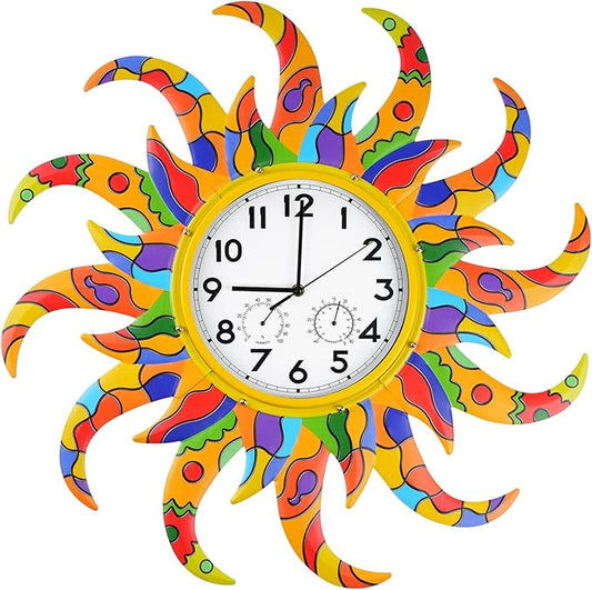 25-Inch Sun-Shaped Outdoor Clock and Thermometer Set, 10-Inch Dial, Battery Powered, Waterproof, Silent Quartz Movement (Colorful)