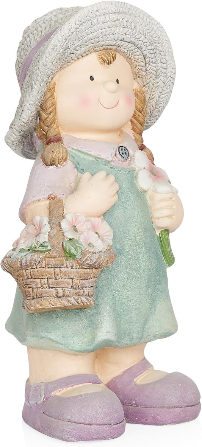 Alpine Corporation QWR1456 Indoor/Outdoor Little Girl with Flower Basket Garden Statue, Playful Child Statue for Yard, 15" H, Green