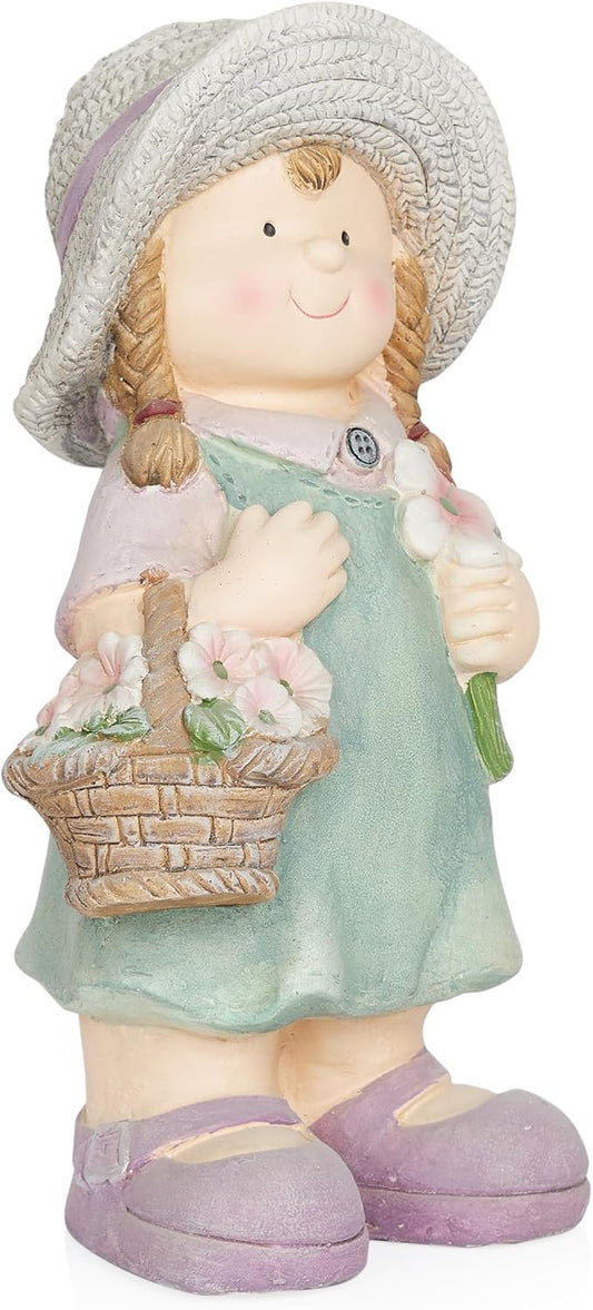 Alpine Corporation QWR1456 Indoor/Outdoor Little Girl with Flower Basket Garden Statue, Playful Child Statue for Yard, 15" H, Green