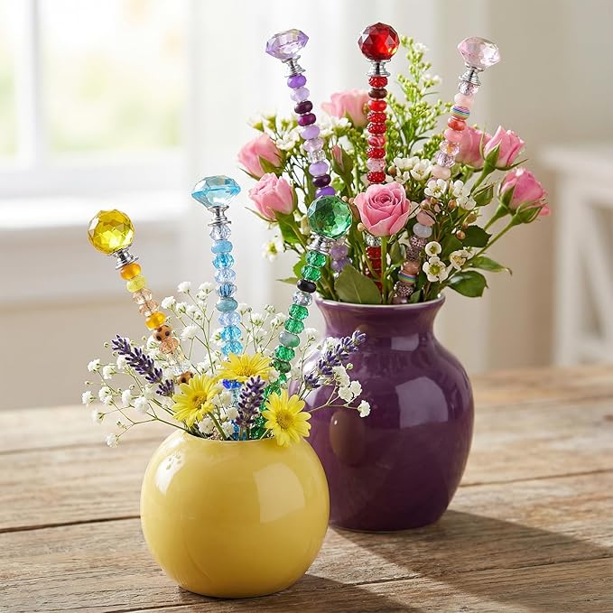 218Pcs Fairy Wands Kit, DIY Fairy Wand Beaded Garden Stake Kit, Garden Stake Decorative Outdoor Beadable Items, with 200 pcs Sparkling Crystal Beads, 6 Crystal Stopper Top, 6 Threaded Rod and Nuts