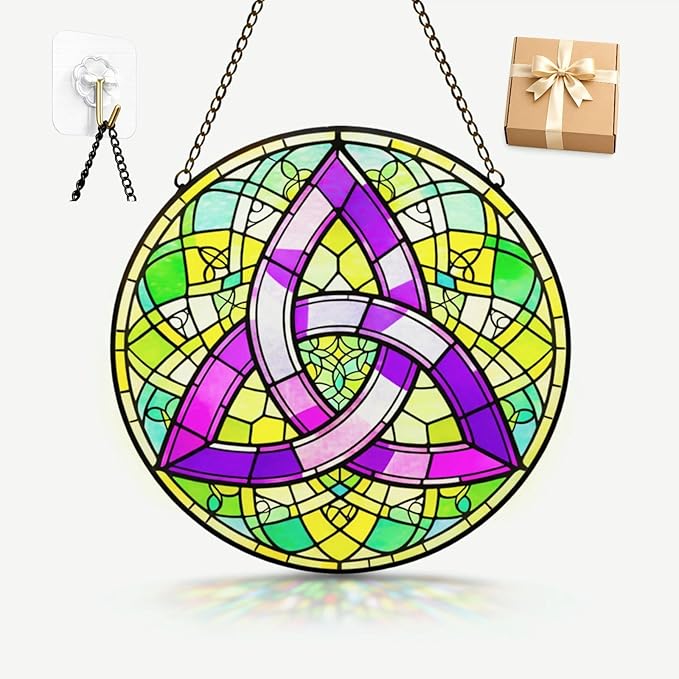 Celtic Trinity Knot Suncatcher Window Hanging, 7.8" Stained Glass Decor, Symbolic Gift for Mom, Grandma and Loved Ones, Irish Home Decor for Window, Wall, Living Room and Sunroom