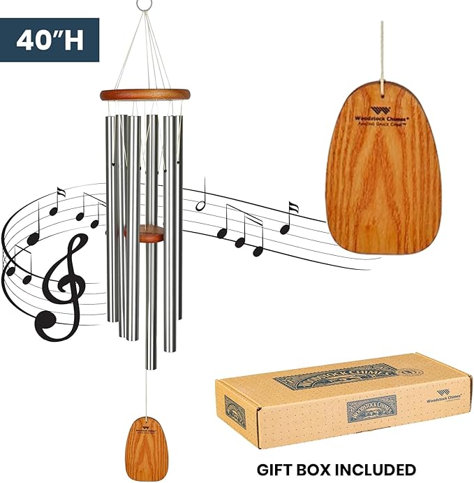 Woodstock Chimes Amazing Grace Wind Chime for Outside 40" Medium Silver,Outdoor Decor for Patio, Porch, Garden, Memorial Gift for Loved Ones AGLS