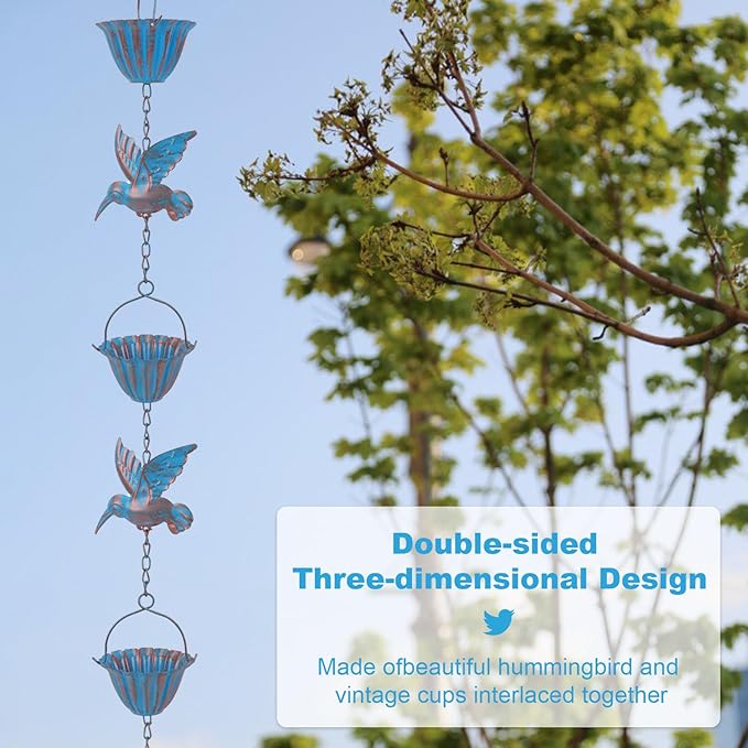 7.8FT Hummingbird Rain Chains for Outside with Bells, Adjustable Outdoor Bird Raincatcher, Garden Decor, Rust Resistant Rain Drain Chain, Wind Chimes