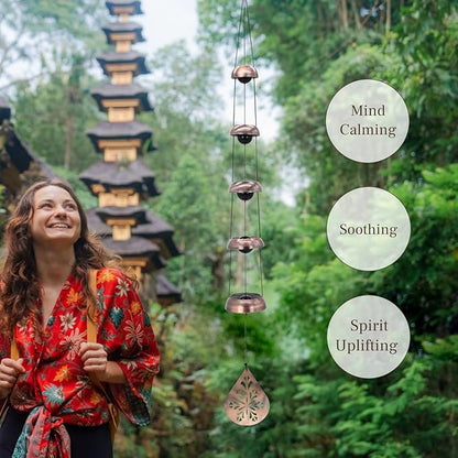 36" Copper Temple Wind Chimes with 5 Bells, Melodious Zen Feng Shui Wind Bells for Outside, Memorial Wind Chime Sympathy Gift with Unique Teardrop Floral Sail, Decorative Garden Decor for Yard Patio