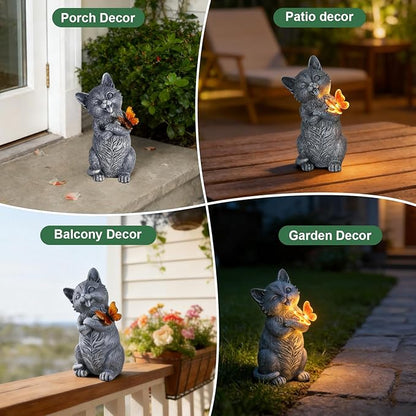 Solar Cat Garden Statue Outdoor Decor 10 Inch with LED Butterfly Light, Resin Cat Decor for Yard Patio Porch Lawn Balcony, Solar Garden Decor, Gifts for Mom Grandma Women