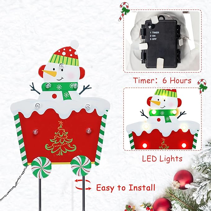 WONDER GARDEN Christmas Yard Stakes, 4 PCS LED Light Christmas Train Decor with Santa Claus, Snowman, Penguin and Elf Yard Signs Yard Decorations for Lawn Decorations