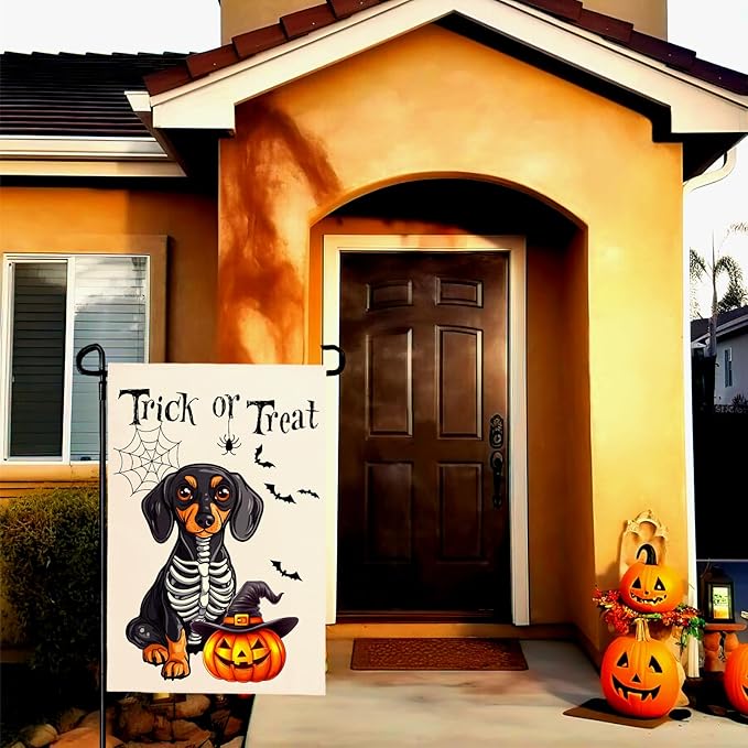 Halloween Garden Flags Trick or Treat Ghost Dog Yard Flag for Outside Decor Pumpkin Bat Spider Web Garden Flag Holiday Rottweiler Skeleton House Banner Outdoor Decoration for Home 12 x 18 Inch