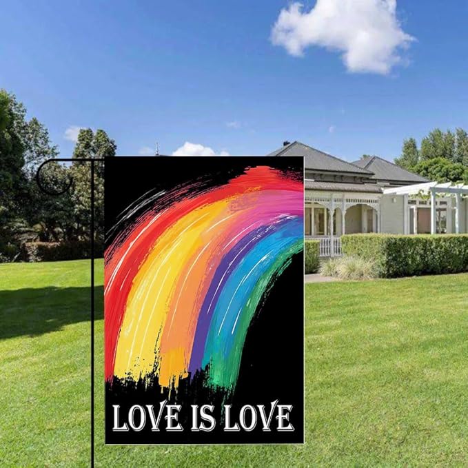 Gkyygk Rainbow Garden Flag 12 x 18 Inch Double Sided Love Is Love LGBT Welcome Banners Farmhouse Holiday Outside Decor Burlap Yard Flag