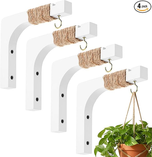 Geelin 4 Pack Wooden Plant Hanger for Wall Mounted Plant Hooks Outdoor Indoor Hanging 6 Inch Farmhouse Hanging Basket Hooks for Garden Home Wall Decoration, L x H x T: 6 x 5 x 0.8inch(White)