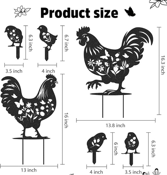 Rngmsi Chicken Metal Garden Art - 6PCS Chicken Metal Yard Art Rooster Garden Decor Outdoor Cute Hen Metal Statue Decorations Outside for Patio Decorative Lawn Stakes Statues Gifts for Friends