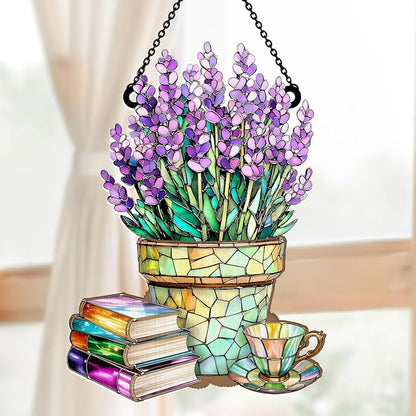 Jesuspirit - Window Hanging Suncatcher – Crystal Clear Acrylic & Wood Sun Catcher for Home Decor, for Women (Nostalgic Lavenders, Books, and Tea, 8 Inches)