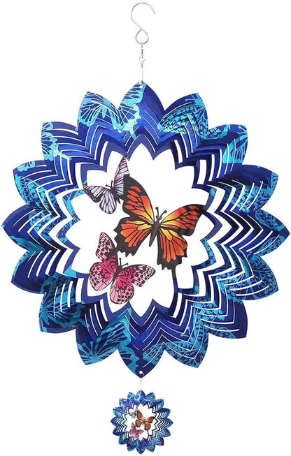 Wind Spinners Butterfly Hanging Outdoor, 12In Stainless Steel Spinfinity Wind Spinner, Blue Wind Chimes for Outside, 3D Kinetic Sculpture Suncatcher, Metal Yard Ornaments, Butterfly Garden Spinners