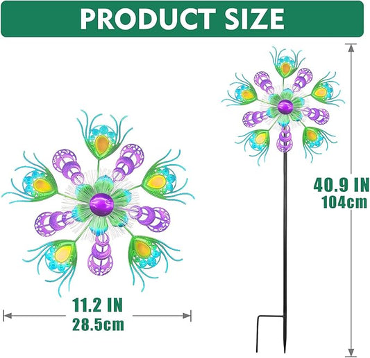 Solar Peacock Wind Spinners for Yard & Garden - 40 Inch Metal Wind Sculpture, Kinetic Windmill with Multi Color LED Lights, Lawn & Patio Art Decor