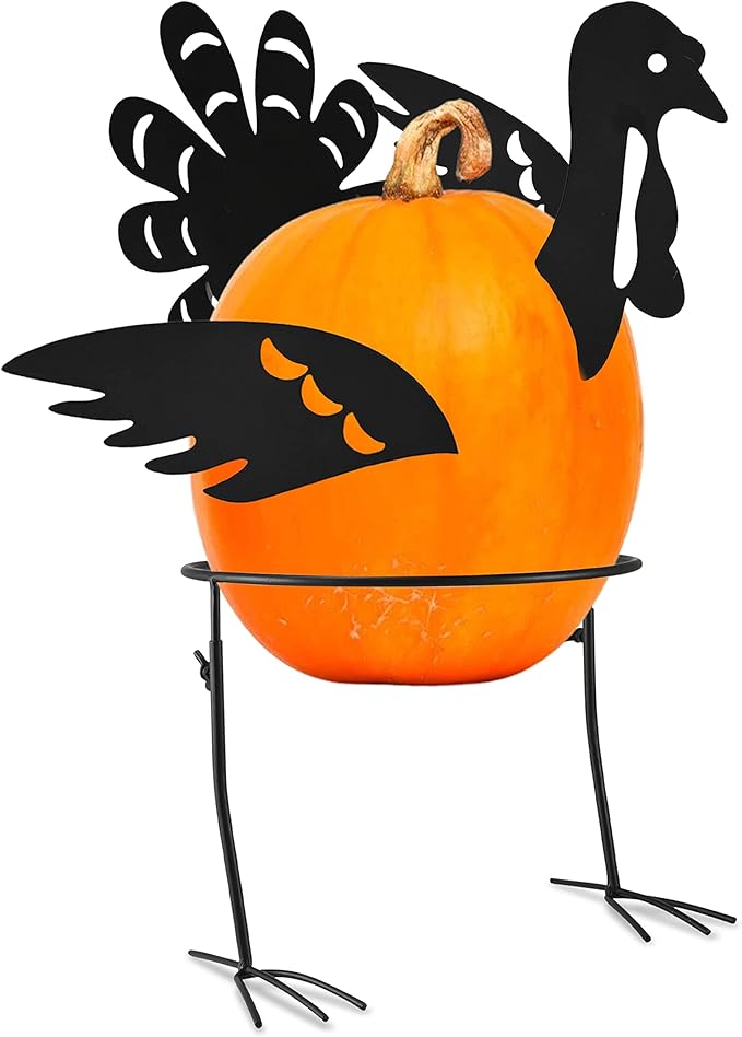 Ornativity Turkey Design Pumpkin Holder Stand - Metal Outdoor Yard Ornament Thanksgiving Garden Decorative Fall Autumn Porch Prop - 1 Set