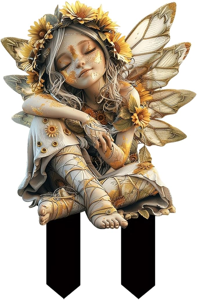 Flower Fairy Garden Stake Decor, 2D Flat Acrylic Elf Garden Sign with Stake, Fairy with Magic Sign for Indoor Outdoor Yard Lawn Balcony Pot Plants (Sunflower Fairy)