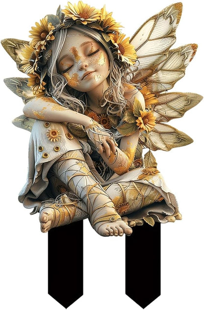 Flower Fairy Garden Stake Decor, 2D Flat Acrylic Elf Garden Sign with Stake, Fairy with Magic Sign for Indoor Outdoor Yard Lawn Balcony Pot Plants (Sunflower Fairy)