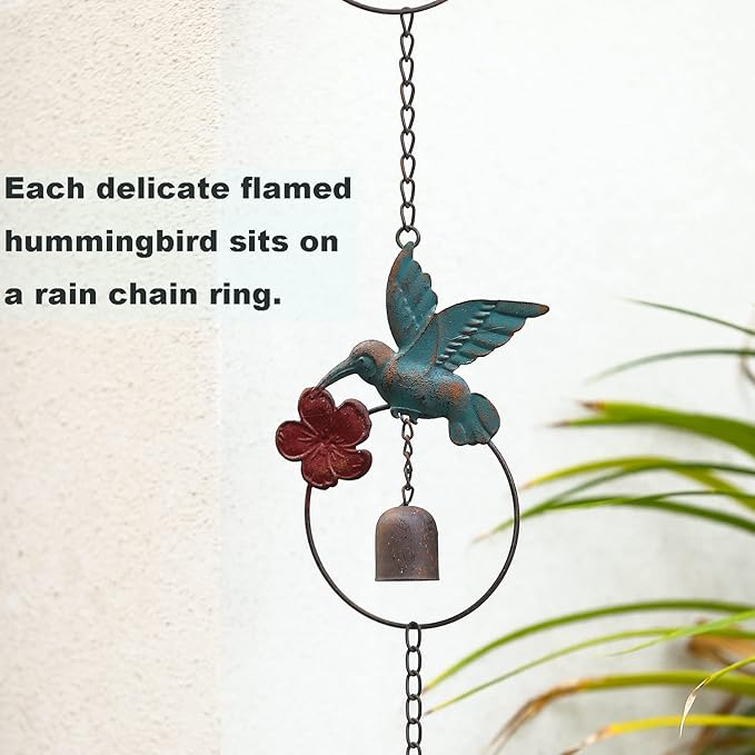 Jemeni 8.5' Length Flamed Hummingbird and Bell Rain Chain, Hanging Outdoor Garden Ornament, Colorful……