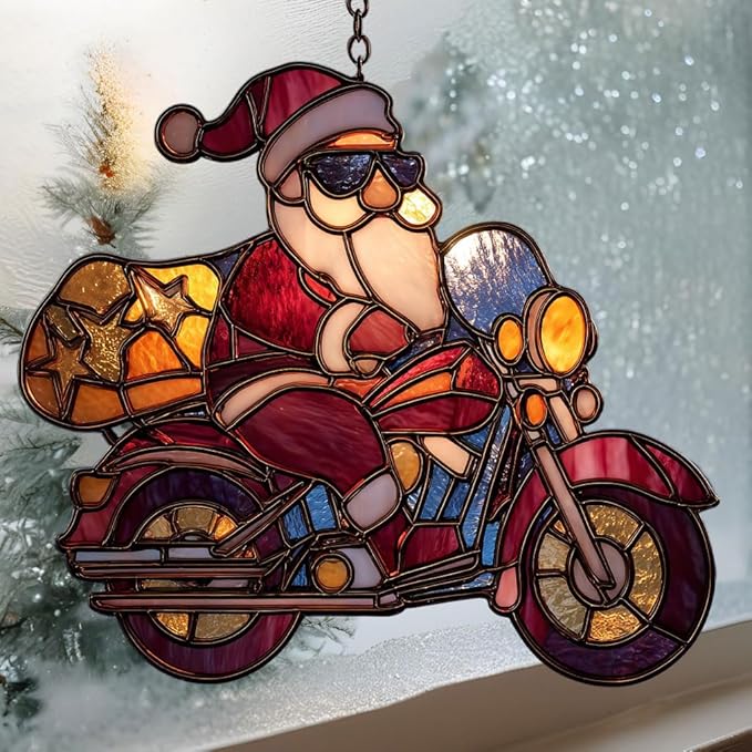Cool Santa Riding Motorcycle Mosaic Acrylic Suncatcher Stained Glass Effect Window Car Hanging Christmas Ornament Indoor Outdoor Decor Garden Sun Catcher Panel for Women Mom Grandma