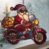 Cool Santa Riding Motorcycle Mosaic Acrylic Suncatcher Stained Glass Effect Window Car Hanging Christmas Ornament Indoor Outdoor Decor Garden Sun Catcher Panel for Women Mom Grandma