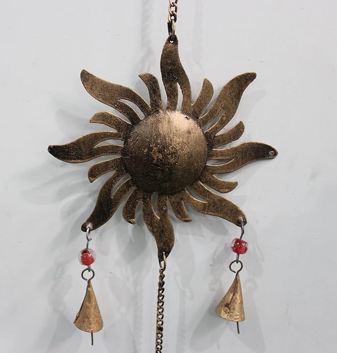 43 Inch Metal Sun Moon Star Wind Chime – Antique Bronze Celestial Wall Hanging with Bells – Handcrafted Boho Home & Garden Decor for Balcony, Patio, Porch, Entryway.