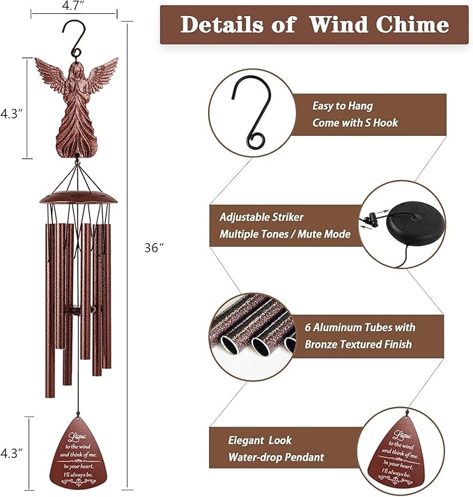 VENBEEL Angel Memorial Wind Chime, Memorial Sympathy Gifts for Loss of Love One, Bereavement Condolence Remembrance Gift for Loss of Mom Dad