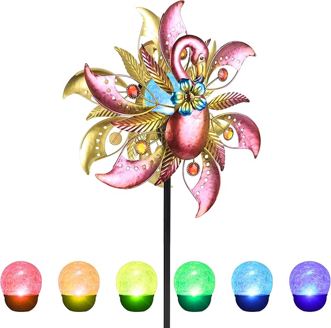 Flamingo Solar Wind Spinner with Color Changing LED Light, Wind Sculptures & Spinners Outdoor Metal Stake Yard Spinners, Garden Wind Catcher Wind Mills, Lawn&Garden