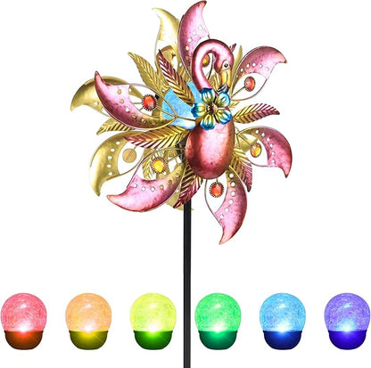 Flamingo Solar Wind Spinner with Color Changing LED Light, Wind Sculptures & Spinners Outdoor Metal Stake Yard Spinners, Garden Wind Catcher Wind Mills, Lawn&Garden