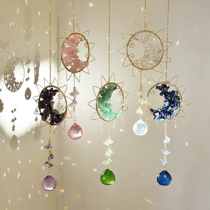 Hanging Sunlight Catcher, Sun & Moon Crystal Suncatcher, Crystal Hanging Ornament, Hanging Crystals for Decoration, Festival Gift, Window Decoration (Green)