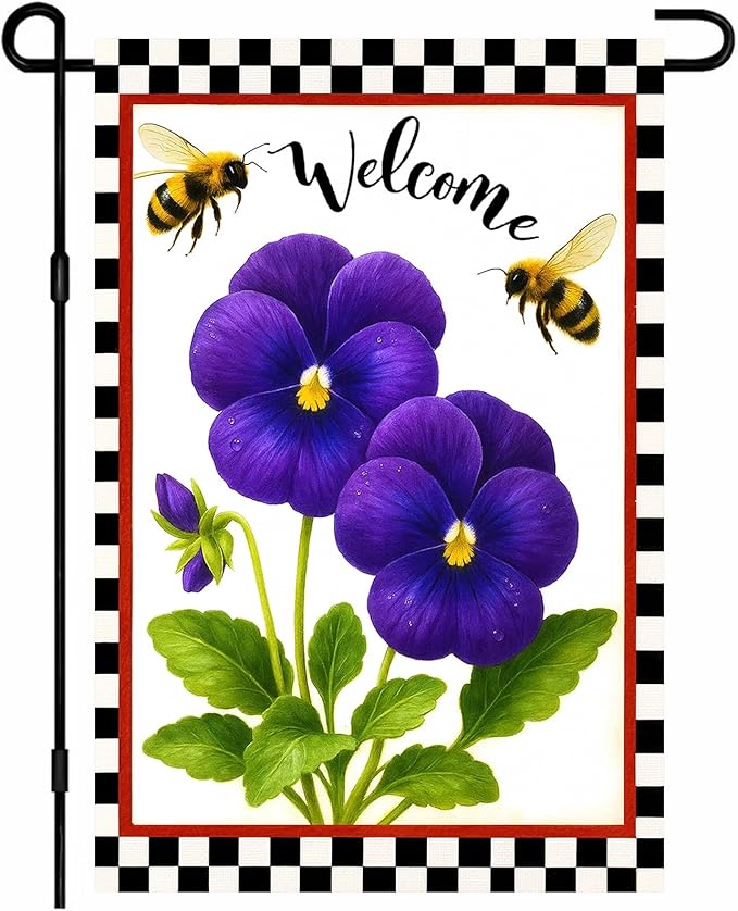 IVN Welcome Garden Flag 12x18 Inch Double Sided Spring Summer Garden Yard Flags Purple Pansy Flowers Bees Decorative Small Flags for Outdoor Seasonal Front Door Lawn Porch Patio Decor Yard Flag