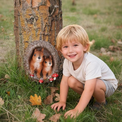 Mom and Baby Squirrel Tree Hugger Outdoor Tree Faces Decor, Resin Squirrel Figurine Garden Statues Whimsical Tree Peeker Sculpture for Patio Lawn Yard Porch Wall Ornaments