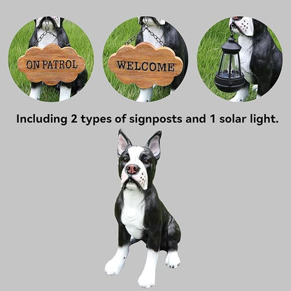 Adorable Boston Terrier Dog Sculpture with Solar Lantern & Double-Sided 'On Patrol' and 'Welcome' Signposts – Playful Outdoor Resin Statue for Garden, Yard, Patio