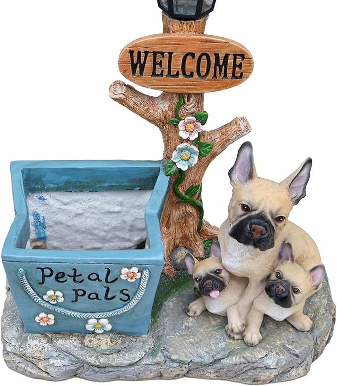 Solar Light Animal Outdoor Statue Planter with Welcome Sign, Resin Garden Sculpture Flower Pot for Patio Lawn Porch Yard Courtyard Decor, Weather-Resistant Decorative Figurine Accent (I)