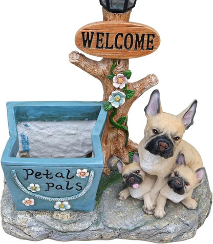 Solar Light Animal Outdoor Statue Planter with Welcome Sign, Resin Garden Sculpture Flower Pot for Patio Lawn Porch Yard Courtyard Decor, Weather-Resistant Decorative Figurine Accent (I)