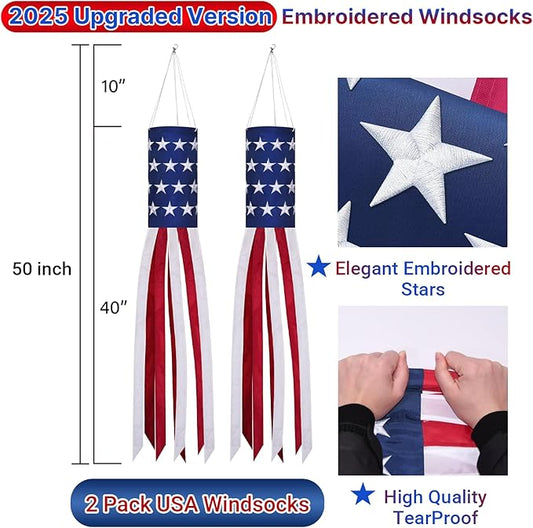 4th of July Decorations Outdoor - 2 Pack Embroidered Wind Socks for Outside Heavy Duty American Flag Windsock, for Memorial Day Independence Day & All Patriotic Events Outdoor Yard Garden Decor