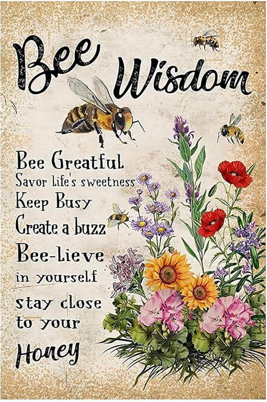 Funny Flowers Metal Poster, Country Rustic Tin Sign, Sunflowers Bee Wisdom, Yard Garage Farm Outside Garden Wall Decor Plaque Outdoor for Home Fence 8 X 12 Inch