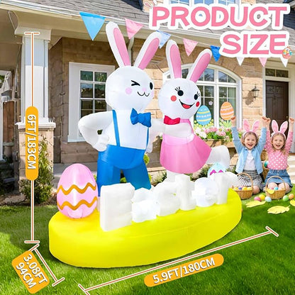 6FT Easter Inflatables Outdoor Decoration Inflatable Bunny Lover Dancing Built in LED Lights Bunny Blow Up Yard Decoration for Lawn Garden Holiday Party(with Storage Bag)