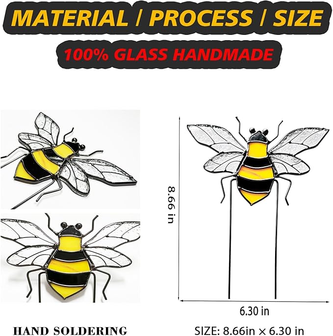 Bee Garden Stake Decor, Stained Glass Indoor Window Suncatcher Home Decor Yard Art Ornaments Gifts for Bee Lover Mom Teacher Indoor Outdoor Lawn Pathway Patio Plant Pot Flower Bed