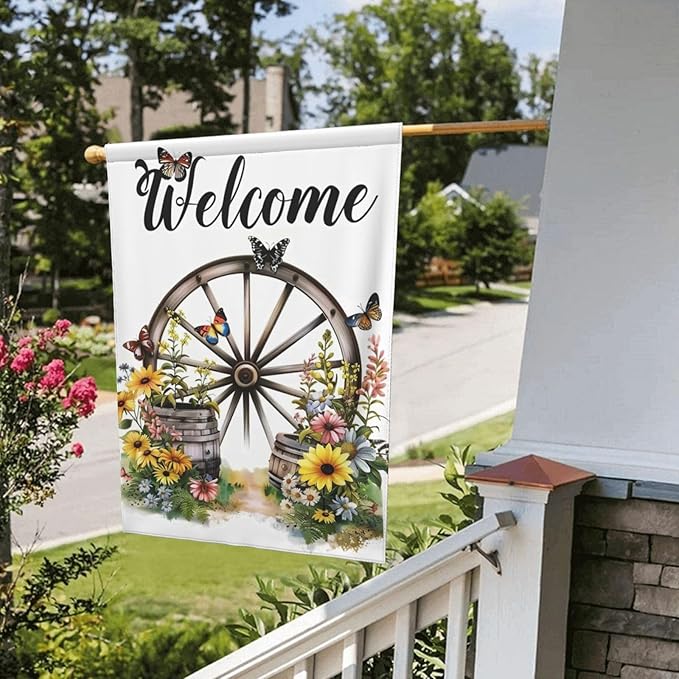 Wagon Wheel With Flowers Butterflies Garden Flags 12×18 Inch Double Sided Decorative Yard Banner Seasonal Flag for Outdoor Outside Decor