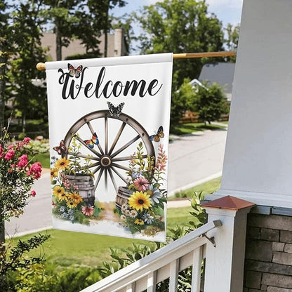 Wagon Wheel With Flowers Butterflies Garden Flags 12×18 Inch Double Sided Decorative Yard Banner Seasonal Flag for Outdoor Outside Decor