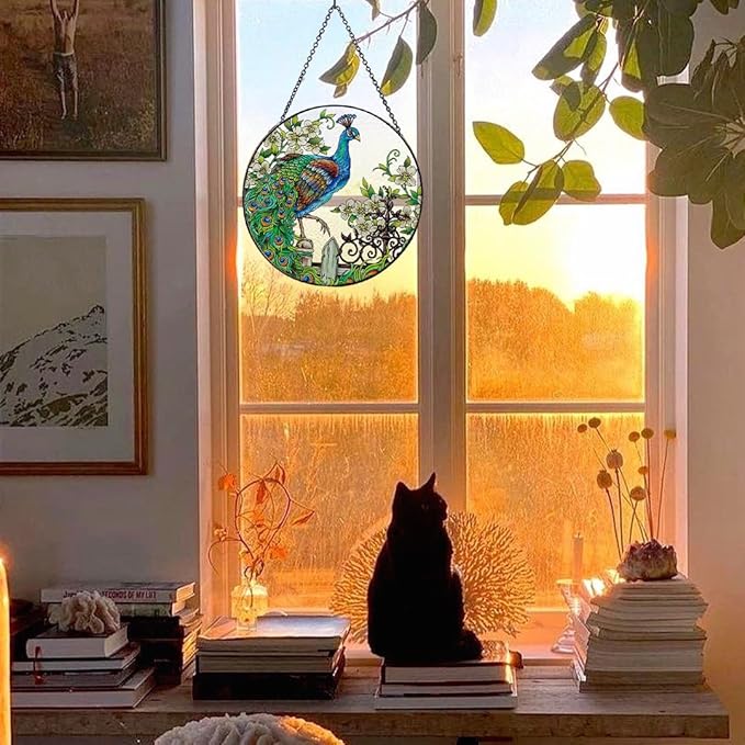 Zayookey Stained Glass Suncatchers Peacock Art Window Hangings Panel Colorful Hand Painted Suncatcher for Outdoor Garden Indoor Window Wall Decor