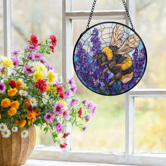 Bee Lavender Flower Suncatchers Stained Glass Window Hanging, Bumblebee Flower Sun Catchers Indoor Window Glass Round Wall Decor, Bee Floral Wall Hanging Decorations, 7.9x7.9in