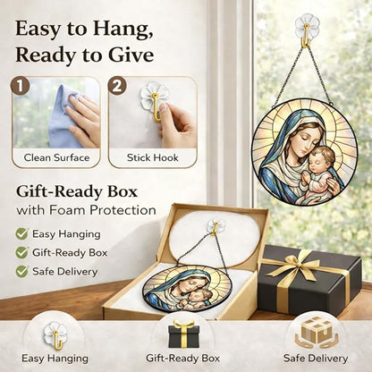 Madonna and Child Stained Glass Suncatcher Window Hanging, 7.8" Catholic Faith Gift for Mom Grandma Women, Religious Decor for Window, Prayer Room, Sunroom, Office