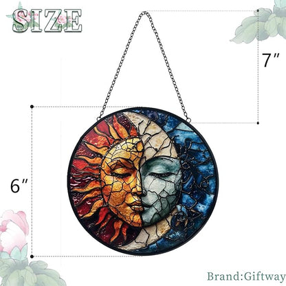Sun and Moon Decor Suncatcher Stained Glass Window Hanging - Handmade Stained Glass Suncatchers Hanging Decoration with Metal Chain - Outdoor Garden Decor Gift for Women Christmas Thanksgiving Gifts