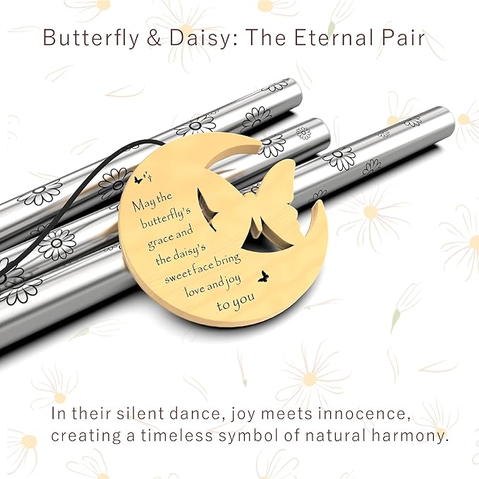 Modern Wind Chimes for Outside, 32" Daisy Print Wind Chime with Butterfly Pendant for Birthday, Mother's Day, Unique Gifts for Women, Garden Yard Patio Porch Home Hanging Decor(Silvershine)