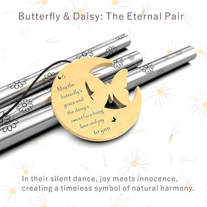 Modern Wind Chimes for Outside, 32" Daisy Print Wind Chime with Butterfly Pendant for Birthday, Mother's Day, Unique Gifts for Women, Garden Yard Patio Porch Home Hanging Decor(Silvershine)