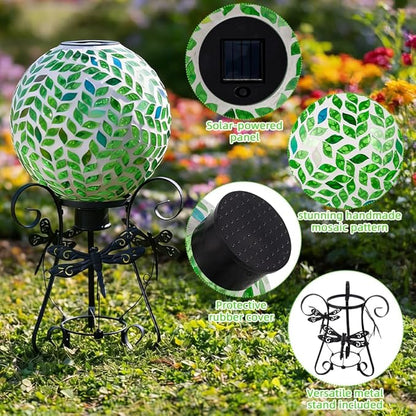 Stargarden Solar Gazing Ball, 10" Mosaic Gazing Ball,Glass Gazing Globe with Metal Stand, Decorative Solar Globes for Patio, Lawn, Garden Decor(Green Leaf)