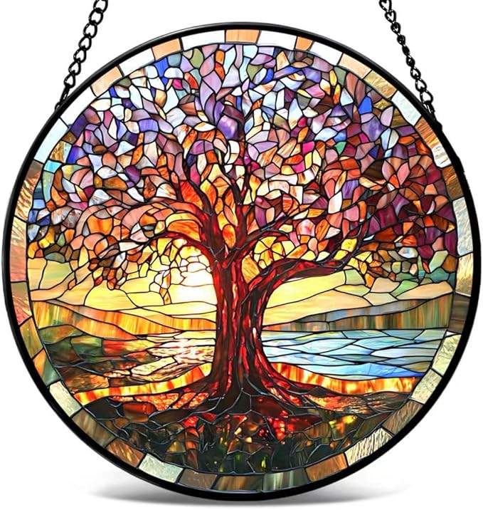 Funoasis Stained Glass Window Hanging 6.3 Inches Suncatcher - The Tree of Life Shines Brightly in The Sunlight Ornaments Sun Catcher Home Decor Women Birthday